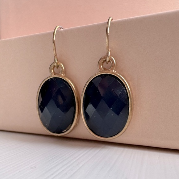 Oval Drop Earrings Navy Blue Gold Statement Earrings Gemstone Dangle - Picture 4 of 6
